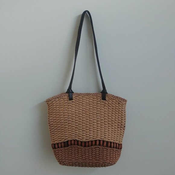 Natural woven tan and brown bag purse with wooden bead detail - Picture 1 of 11